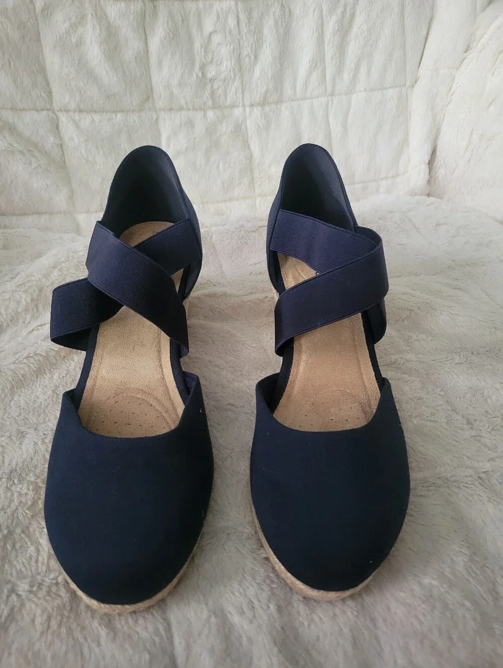 easy street Navy Espadrille Wedge Sandals with Elastic Cross Straps Size 11W